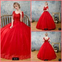 Wholesale 2021 New Arrival red prom dress ball gown short sleeve modest v neck prom gowns princess lace appliques beaded corset party dreses evening