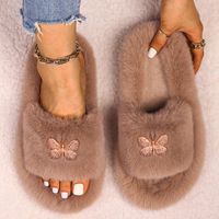 Wholesale Slippers Lovely Faux Fur For Women Colorful Rhinestone Butterfly Sandals Winter Warm Slides Flip Flops Flats Custom Shoes