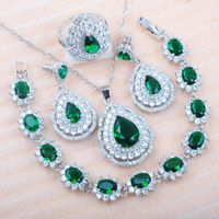 Wholesale Earrings Necklace Luxury Jewelry Sets Russian Style For Women Engagement Green Crystal Ring Bracelet Set Dubai Jewellery MN0804