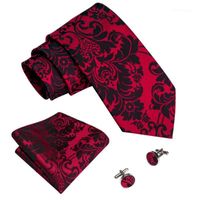 Wholesale 2020 New Fashion Red And Black Floral Ties For Men With Hanky Cufflinks Set Silk Men s Tie Necktie For Male Wedding MJ