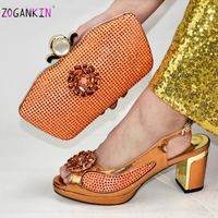 Wholesale Dress Shoes Elegant Style African MAMA Wedding And Bag To Match Italian Office Ladies Set With Crystal In Orange Color