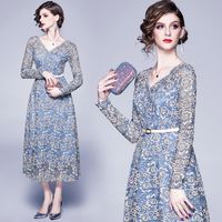 Wholesale Casual Dresses Elegant Vintage Women Lace Slim Tunic Dress Lady V Neck Long Sleeve Midi Party Clothing
