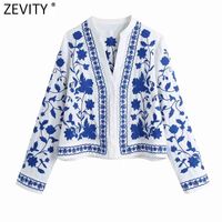 Wholesale Zevity Women Vintage V Neck Blue and White Porcelain Embroidery Shirts Female Long Sleeve Kimono Blouse Roupas Chic Tops LS9193