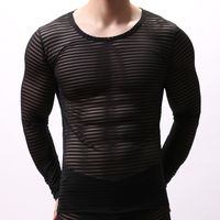 Wholesale Mens Undershirts Long Sleeve Mesh Transparent Striped T shirts Bodybuilding Sports Fitness Tops Sexy Underwear Tee Vestiti Uomo