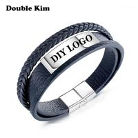 Wholesale Customized Men Retro Braided Multilayer Leather Bracelet Stainless Steel Material DIY Engrave Word Bangle Fashion Jewelry Gift