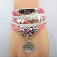 Wholesale Jewelry Pink Rope Wrap Bracelets Bangle Double Heart Sister Dream Love Never give up letter Charms Multilayer For Women Girls Birthday Christmas Gifts