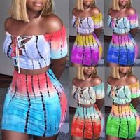 Wholesale 2021 New Sexy Women Off Shoulder Piece Bodycon t Shirt Crop Top Skirt Ladies Bandage Mini Set Hot Seller Clothing FC2J