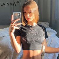 Wholesale Women s T Shirt LVINMW Diamonds Casual O Neck Short Sleeve Woman T Shirts Slim Fashion Simple Daily Tops Women Black Summer Spring Cropped T