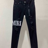 Wholesale Top Quality Amiry Jeans Trend Wash Black Hole Letter Embroidery Elastic Slim Small Leg Mens High Street Fashion Brand