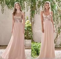 Wholesale 2021 Glitz Rose Gold Sequined Bridesmaid Dresses Long Chiffon Halter A Line Straps Ruffles Blush Pink Maid Of Honor Wedding Guest Dress