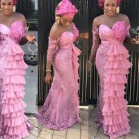 Wholesale Nigerian Style Pink Mermaid Evening Dresses Plus Size Aso Ebi Tiered Tulle Sweetheart Lace Vintage Prom Gowns Abendkleider