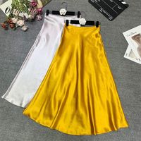 Wholesale Skirts Onlyoung Summer Women Satin Long Skirt High Waist Yellow Silver Vintage Office Lady Silk Maxi