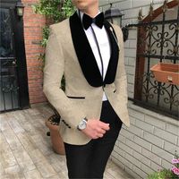 Wholesale Beige Jacquard Mens Suit Set Shawl Lapel Slim Fit Blazer Men Custom Groom Wedding Suits Prom Dinner Tuxedo Jacket Pants Pieces1