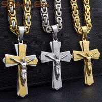 Wholesale Pendant Necklaces SUNNERLEES Stainless Steel Jesus Christ Cross Necklace Byzantine Link Chain Silver Color Gold Plated Men Boy SP221