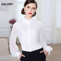 Wholesale Women s Blouses Shirts Spring Fashin Shirt Woman Ruffled Collar Lace Embroidery Patchwork Sexy Sheer Long Sleeve Female Elegant Blous