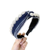 Wholesale Fashion lady pearl headband simple denim fabric art knotted cross wide brim hairband retro style girl hair hole head buckle hairaccessories gift