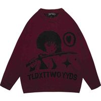 Wholesale Cartoon Girl Jacquard Ugly Sweater Men Japan Harajuku Retro Streetwear Couple Black Knitting Pullover Loose Casual Fall Outwear