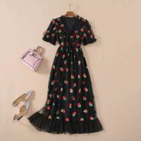 Wholesale Runway Hot Black Strawberry Dress Women Short Sleeve V Neck Lace Up Bow Ruffles Mesh Tulles Long Dress