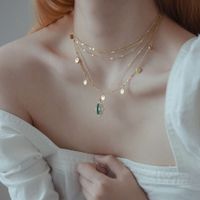 Wholesale Designer French exquisite small disc chain multi layer overlapping clavicle K Gold rectangular Oil Drop Pendant titanium necklace