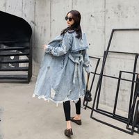 Wholesale Women s Jackets Vintage Denim Coat Female Long Over the Knee Autumn Hole Frosted Overcoat With Belt Double Breasted Women K021