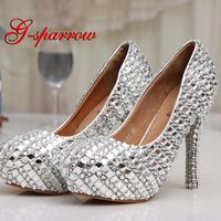 Wholesale Womens High Heel Glitter Crystal Platforms Wedding Shoes Diamond Jeweled Silver Bridal Shoes cm Cinderella Prom Evening Pumps