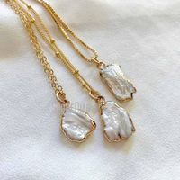 Wholesale Pendant Necklaces NM36569 Dainty Freeform Keshi Pearl Gold Filled Satellite Chain Necklace Single Charm June Birthstone