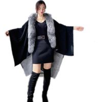 Wholesale Scarves Women s Shawl Wool Wraps With Real Sliver Fur Collar Poncho Winter Party Capelet For Girl Stole