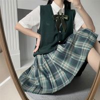Wholesale Clothing Sets Japanese Style S xl Student Girls School Uniforms JK Costume Women Sexy Green Suit High Waist Pleated Skirt Set