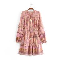 Wholesale Casual Dresses Pirate Summer Women Dress Floral Print Round Neck Long Puff Sleeve Tassel Bow Lace Up Mini Bohemian Beach Party