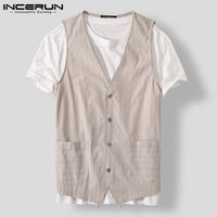 Wholesale Men s Vests Man Casual Button V Neck Suits Streetwear INCERUN Fashion Men Striped Leisure Sleeveless Fitness Pockets Blazers XL