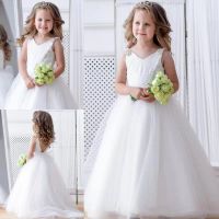 Wholesale Ivory Lace Ball Gown Flower Girl Dresses For Wedding Beaded Toddler Backless Pageant Gowns Tulle Appliqued Sweep Train Kids Prom Dress