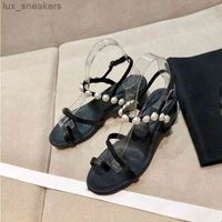 Wholesale Buckle Shoes Low Toe All match Word Sandals Mirror Peep Pearl Summer Heel Thick One With Rednq