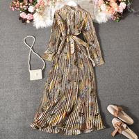 Wholesale Casual Dresses Pleated Vintage Dress Woman Long Sleeve Ankle Length Party For Women Stand Sashes Boho Maxi Autumn