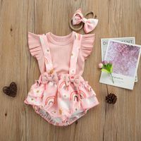 Wholesale Clothing Sets Toddler Summer Outfit Solid Color Ribbed Ruffle Sleeves Tops Rainbow Bib Pants Hair Rope For Baby Girls Months