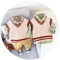 Wholesale Baby Clothing Sets Boys Suits Children Kids Clothes Spring Autumn Sweater Vest Long Sleeve Shirts Plaid Trousers Pants Casual Wear B7797