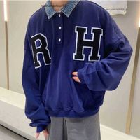 Wholesale Luxurys Designers Kanye Rhude Denim Collar Rh Embroidered Letter Klein Blue Polo Fake Two piece Ins Pullover Jacket Hoodies Coats
