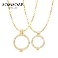 Wholesale Pendant Necklaces Gold Big And Small Pave Crystal Coin Holder Frame Necklace Set With Link Chain Fit Large Disc