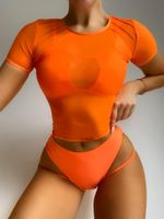 Wholesale Women s Swimwear See Through Swimsuit Orange Tankini High Waisted Bikini Short Sleeve Beach Wear Brazilian Cover Up