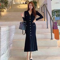 Wholesale Casual Dresses mermaid long dress with low cut v Korean style autumn and winter women sexy knitted sweater single breasted T0T9