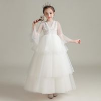 Wholesale Girl s Dresses Ball Gown White Elegant Ankle Length Three Quarter Sleeves O Neck Kids Party Communion Girl For Weddings DH021