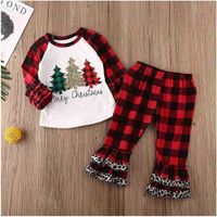 Wholesale Kids girls Xmas clothes gift bufflo plaid pajamas blouses hoodie tops and flounce pants outfits two piece tracksuit Merry Christmas letter clothing H914OD26