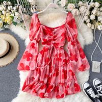 Wholesale Casual Dresses Autumn Fashion Woman Party Dress Flared Sleeves Red Printed Elegant Short Hollow Out Cute A line Mini Women