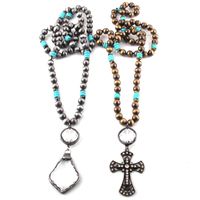 Wholesale Pendant Necklaces Fashion Bohemian Tribal Jewelry Wire Drawing CCB Long Knotted Dorp Cross Dropship