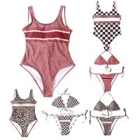 Wholesale Women Swimwear Love Plaid Leopard Print Spa Bikini Swimsuits Trendy Letter Pattern Summer Beach Vacation Swimming Bathing Suit