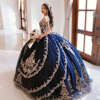 Wholesale Gorgeous Princess Quinceanera Dresses Puff Ball Gown Gold Lace Girls Pageant Brithday Gowns Off The Shoulder Navy Blue Shinny Fabric Sweet Dress Plus Size