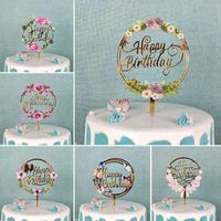 Wholesale Acrylic Wreaths Christmas Cupcake Toppers Insert Baby Girl Happy Birthday Lace Letter Party Decor Kids Cake Accessories Supplies ZXFTL0232