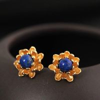 Wholesale Sterling Silver Lapis Lazuli Lotus Flowers Stud Earrings For Women Elegant Lady Prevent Allergy Sterling silver jewelry