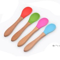 Wholesale Children Silicone Spoons Wooden Handle Coffee Scoops Baby Training Spoon Home Kitchen Tableware RRF13252