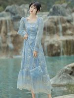 Wholesale Casual Dresses Vintage Court Style Lace Embroidered Square Neck Dress Early Autumn Women s Slim Long Sleeve Fairy