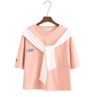 Wholesale MERRY PRETTY Fashion Women Letter Embroidery T Shirt Lace Up Design Short Sleeve O Neck Cotton Summer Top Casual blusa